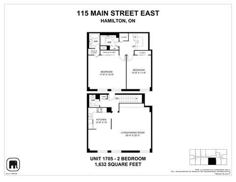 A floor plan for a two bedroom apartment at 115 Main Street East, Hamilton, ON.